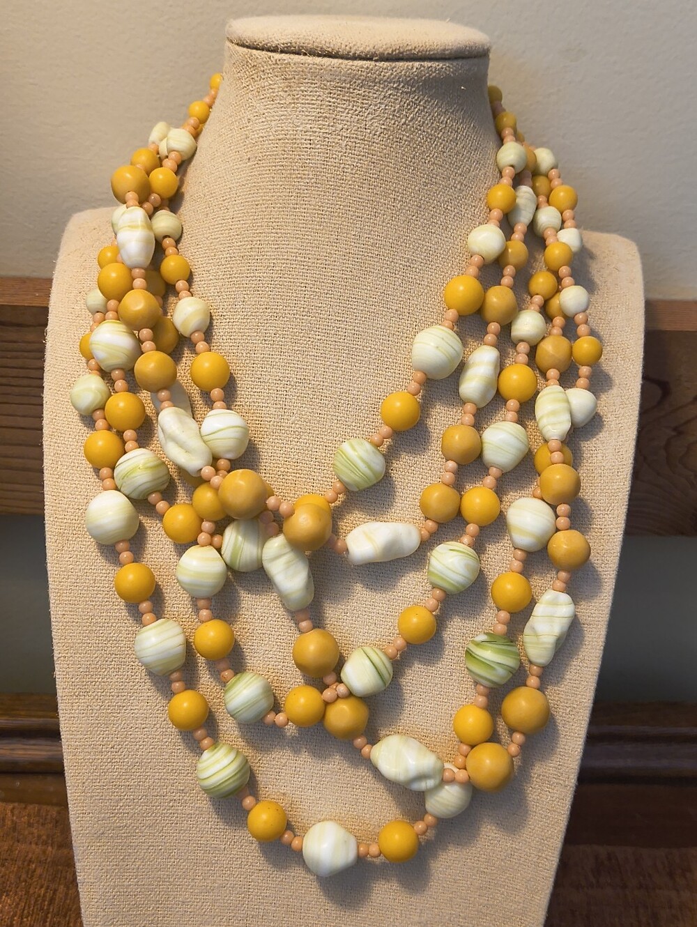 Vtg MCM JAPAN 5-Strand Matte Satin Glass Necklace Lime Yellow Citrus Swirl Glass